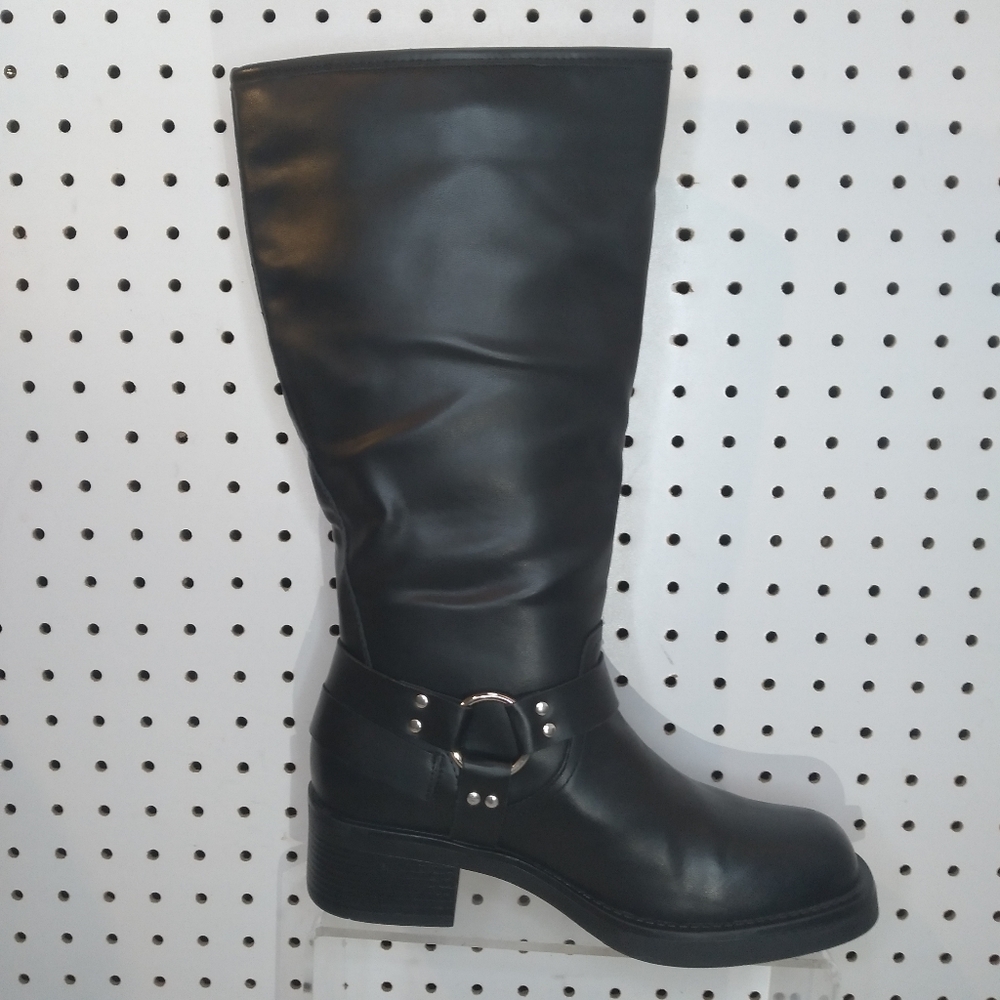 Women's 12.5" Knee High Moto Boots Buckle Strap Gothic Low Chunky Platform Black - Picture 5 of 10